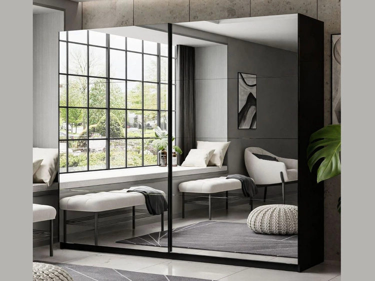 Szafa dwudrzwiowa z drzwiami przesuwnymi i lustrami 244 cm Nuveo Czarny połysk