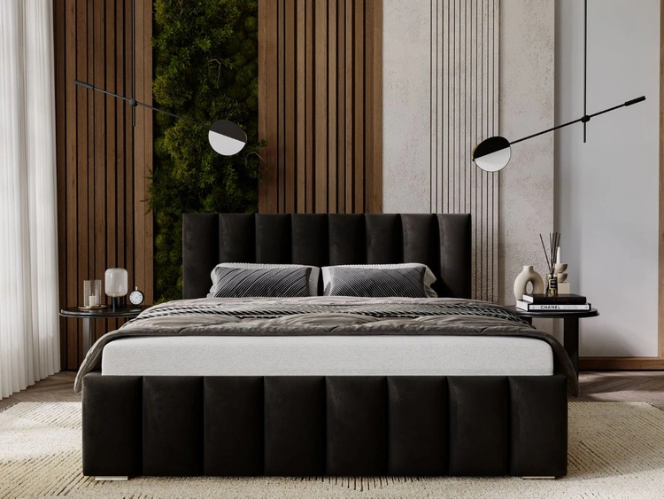 Łóżko tapicerowane z pojemnikiem i stelażem 200x200 Neos Czarne