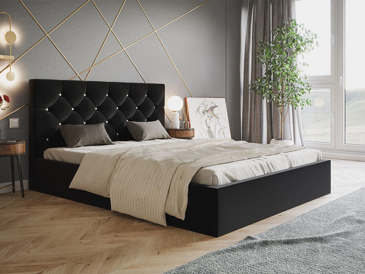 Łóżko tapicerowane z pojemnikiem i stelażem 180x200 Selva Czarny