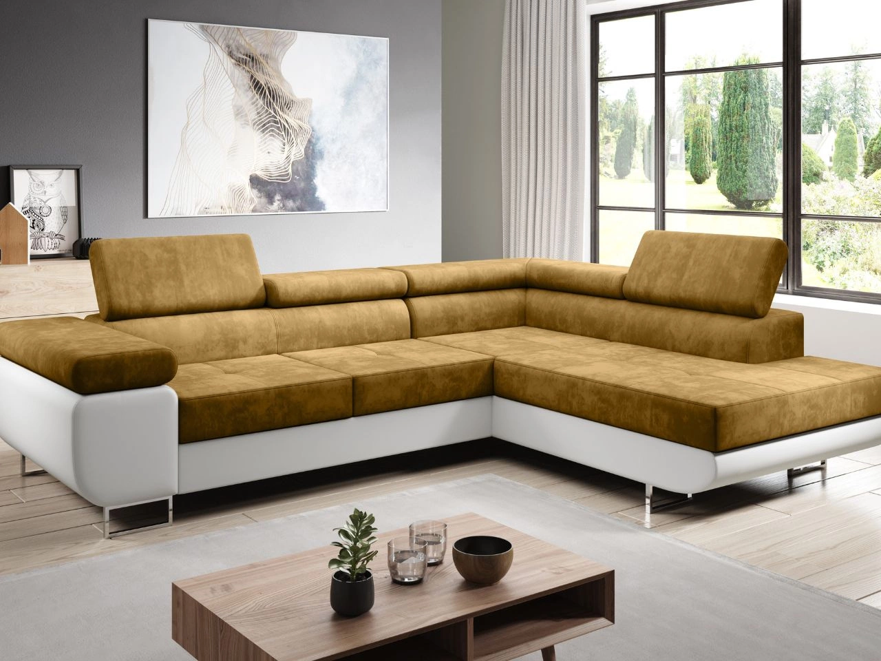 Narożnik prawy z funkcją spania i pojemnikiem Solam L Żółty, Biały