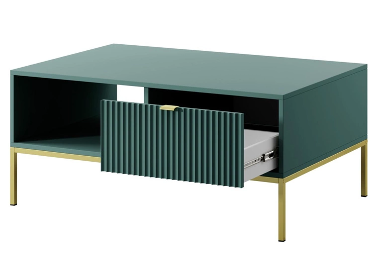 Stolik kawowy z szufladą Amber zielony na złotych nogach