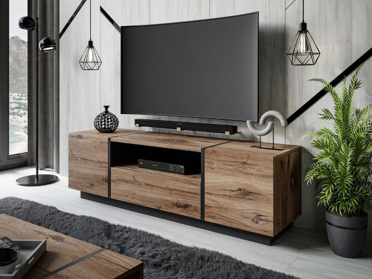 Szafka RTV w stylu loft dwudrzwiowa z szufladą Lunelie dąb Flagstaff