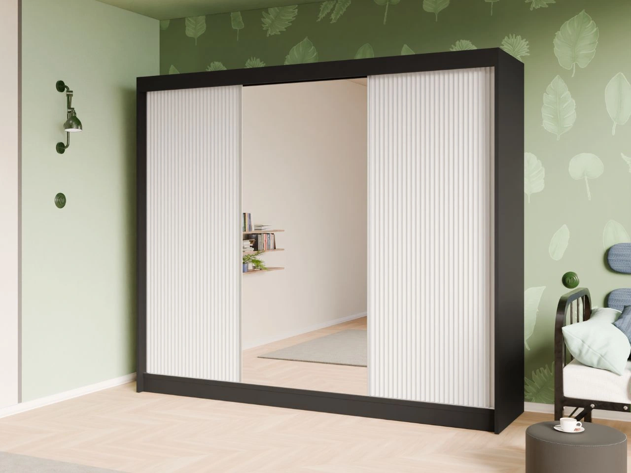 Szafa przesuwna z ryflowanym frontem i lustrem 250 cm Fano Czarna, Biała