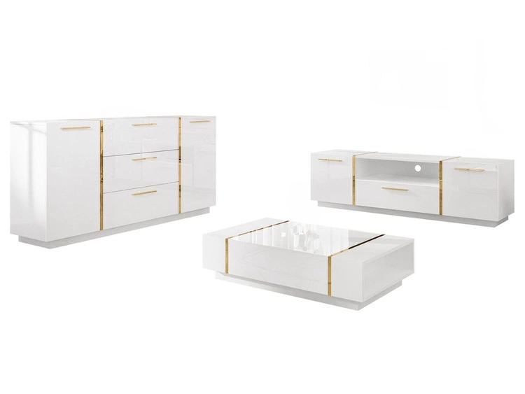 Zestaw mebli do salonu ze złotymi uchwytami w stylu glamour Lunelie Biały połysk