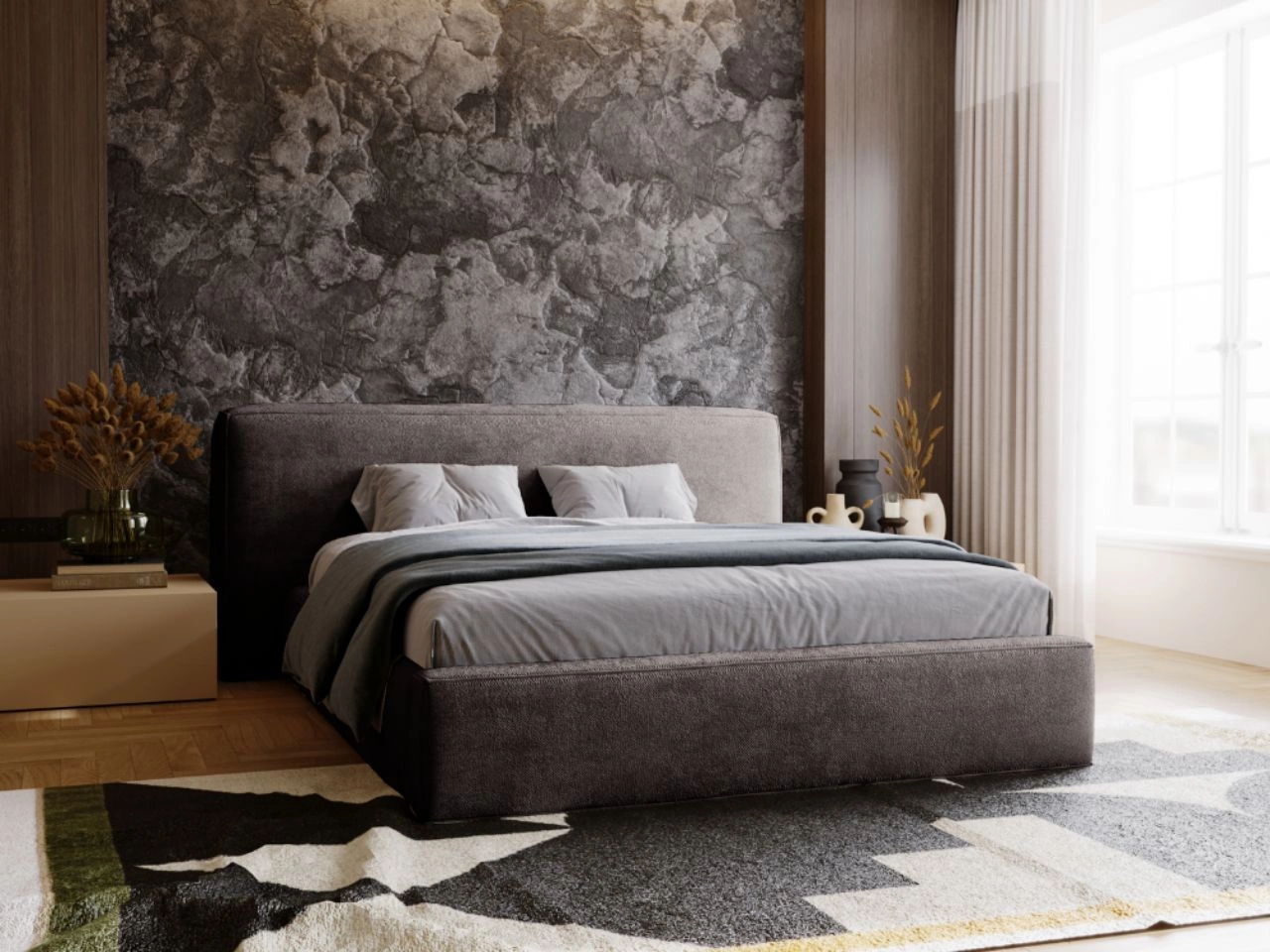 Łóżko tapicerowane z pojemnikiem i stelażem 180x200 cm Monza Ciemnoszare