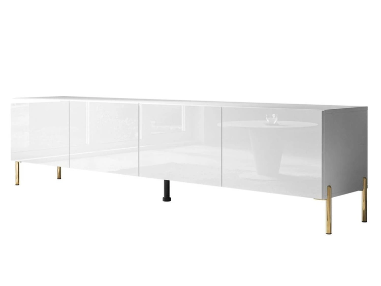 Szafka RTV pod telewizor z drzwiczkami na złotych nóżkach 200 cm Nodoo Biały połysk