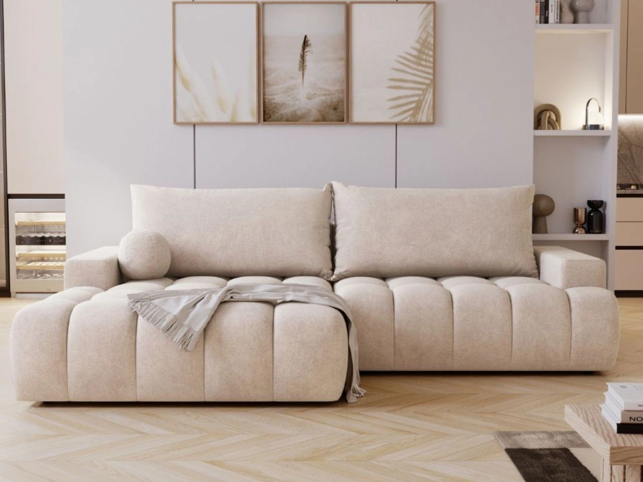 Narożnik L z funkcją spania i pojemnikiem Havi Lewy Jasnobeżowy