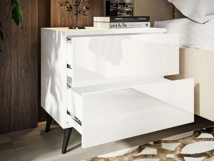 Stolik nocny z szufladami na czarnych nogach Nuveo Biały połysk