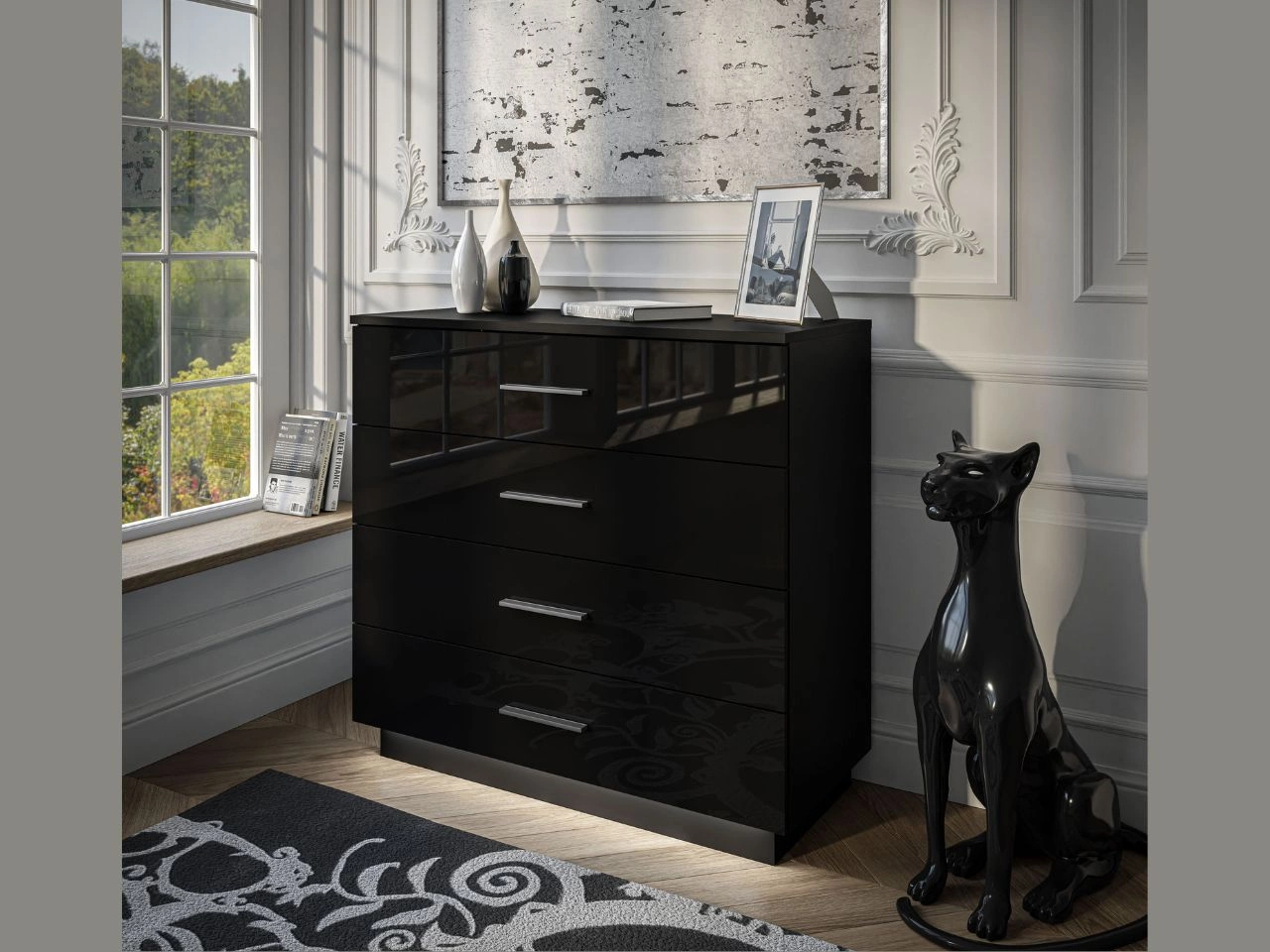 Komoda z czterema szufladami i oświetleniem LED Nuveo Czarny połysk