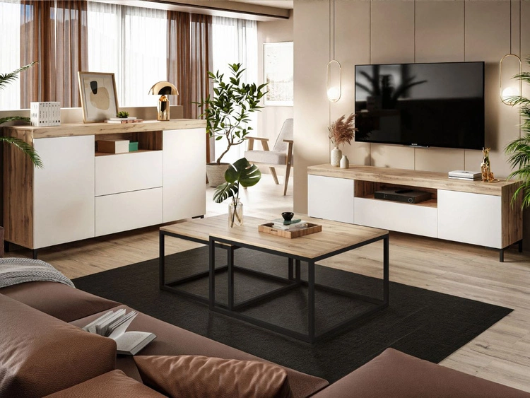 Dwudrzwiowa komoda 164 cm w stylu loft Asumi biały mat i dąb wotan