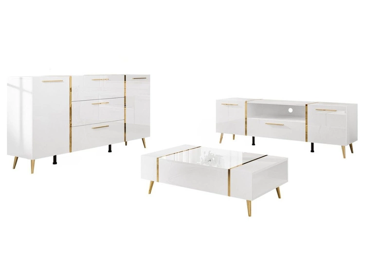 Zestaw mebli do salonu na złotych metalowych nóżkach i ze złotymi uchwytami Lunelie Biały połysk