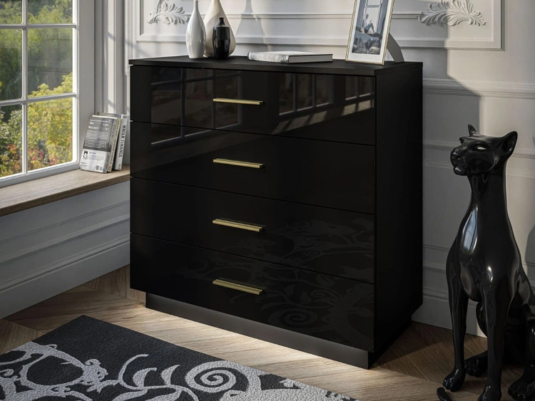 Komoda z czterema szufladami i oświetleniem LED Nuveo Czarny połysk