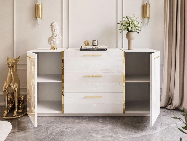 Dwudrzwiowa komoda 158 cm z trzema szufladami Lunelie biały połysk