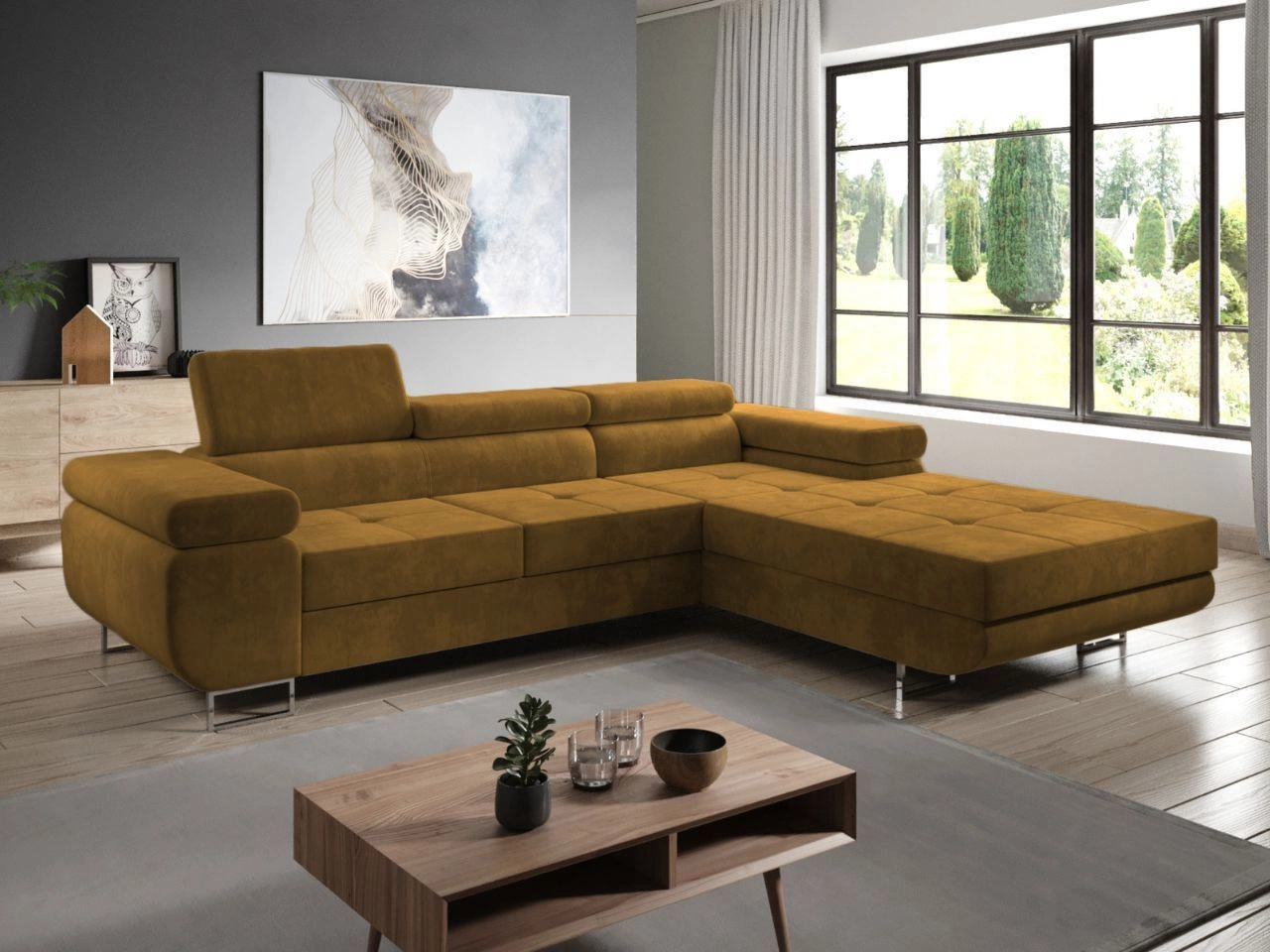 Narożnik L prawy z funkcją spania i pojemnikiem Solam Żółty