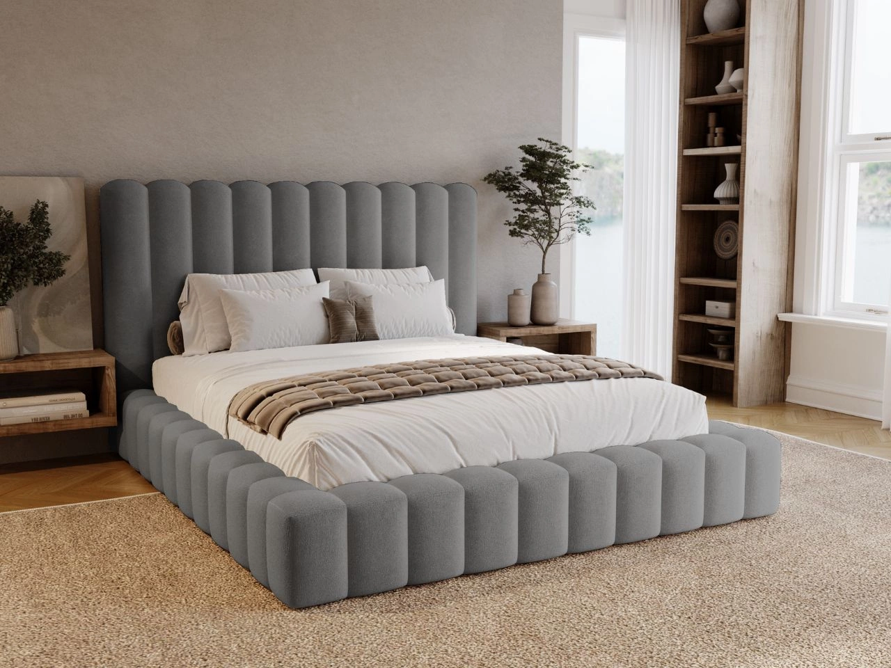 Łóżko tapicerowane z pojemnikiem i stelażem 160x200 cm Rotto Szare