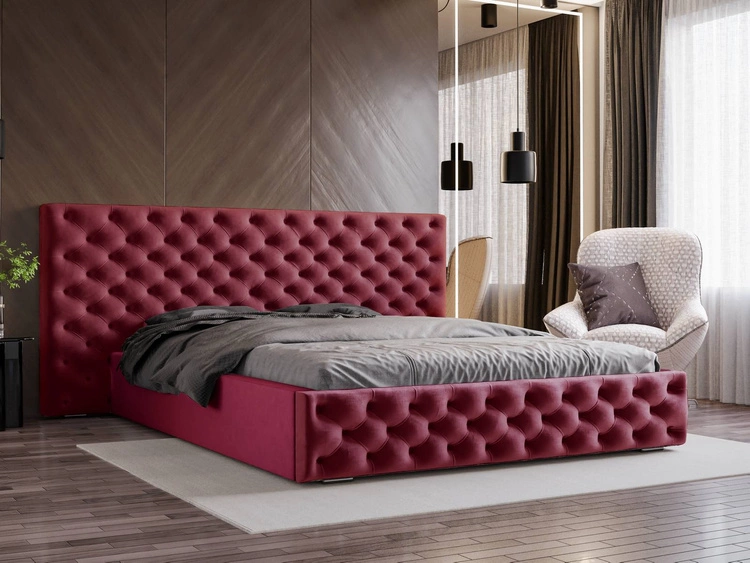 Łóżko chesterfield z szerokim zagłowiem 140x200 Madera Bordowy