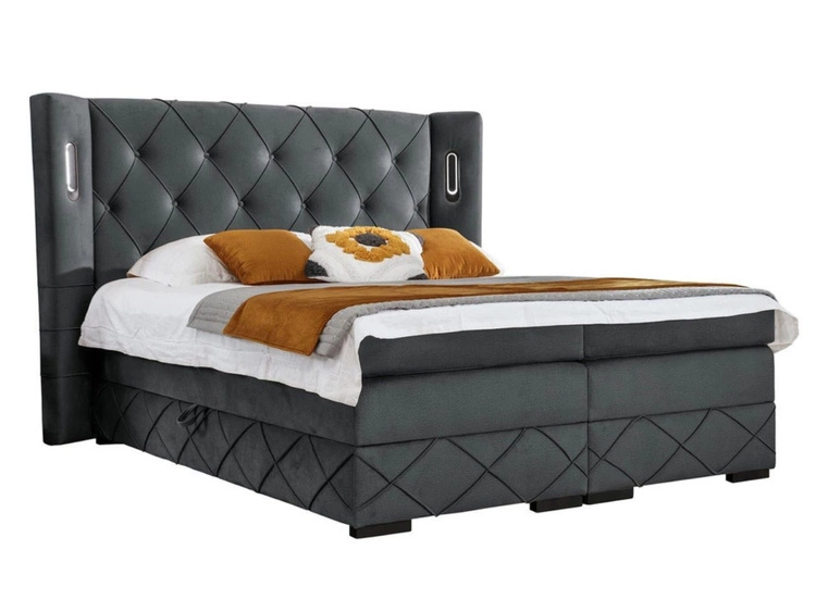 Łóżko kontynentalne z pojemnikiem na pościel 160x200 Neria Lux Ciemnoszare