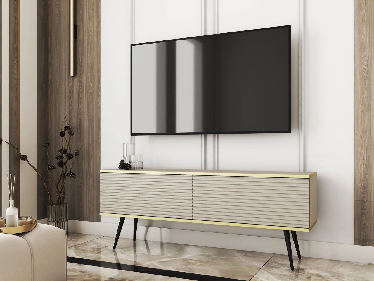 Szafka pod telewizor z drzwiczkami 135 cm z ryflowanym frontem Diolo Beżowa na czarnych nogach