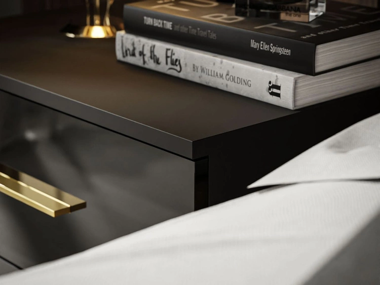 Stolik nocny z szufladami na złotych nogach Nuveo Czarny połysk