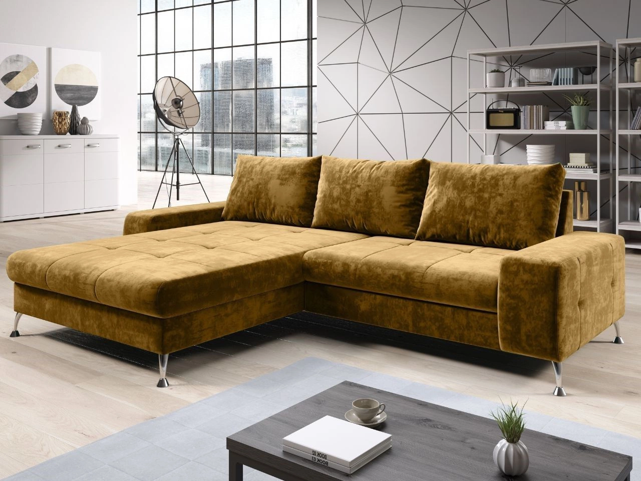 Narożnik L Lewy z funkcją spania i pojemnikiem Tonny Żółty