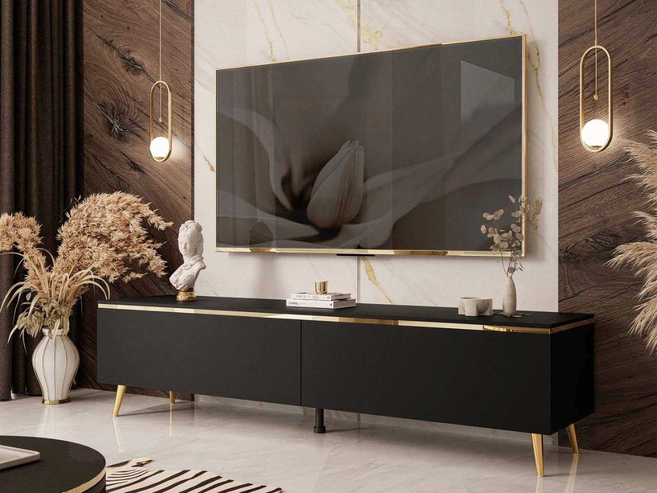 Szafka RTV 180 cm na złotych metalowych nogach w stylu glamour Evare Czarny mat