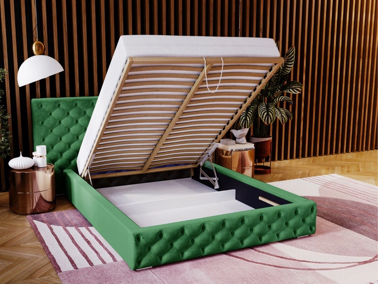Łóżko tapicerowane z pojemnikiem i stelażem 140x200 cm Madera Zielone