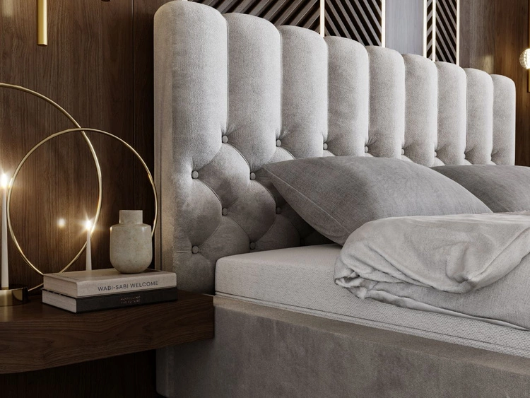 Łóżko tapicerowane z pojemnikiem i stelażem 140x200 cm Roma Jasnoszare