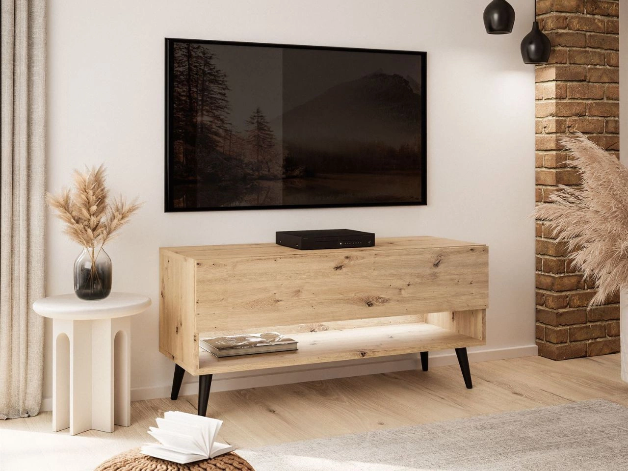 Szafka RTV 90 cm do salonu z oświetleniem LED i czarnymi nóżkami Aurelie Dąb Artisan