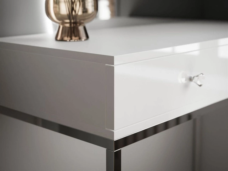 Toaletka kosmetyczna lewostronna z szufladami i oświetleniem LED na srebrnych nogach Clarette Biały połysk