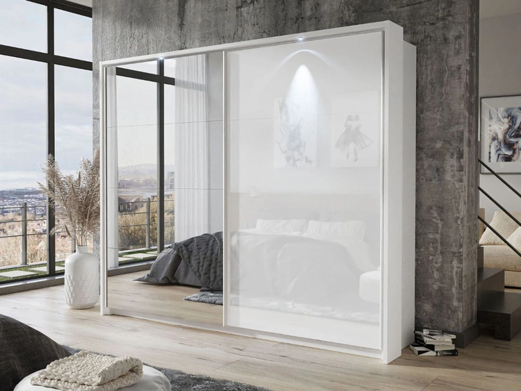 Szafa dwudrzwiowa z drzwiami przesuwnymi, nadstawką i lustrem 254 cm Nuveo Biały połysk 