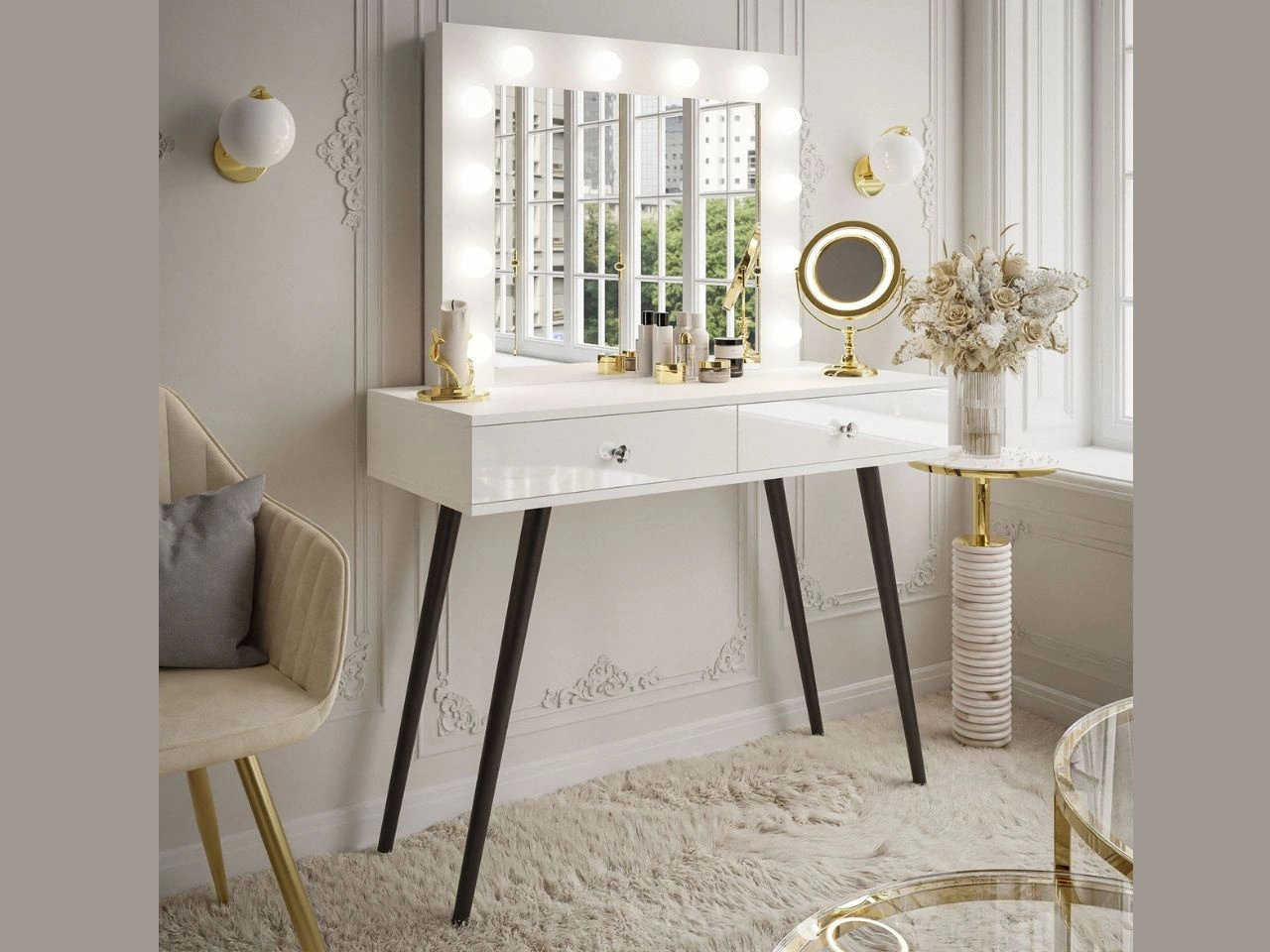 Toaletka glamour z szufladami, czarnymi nogami i oświetleniem LED Olivine biały połysk