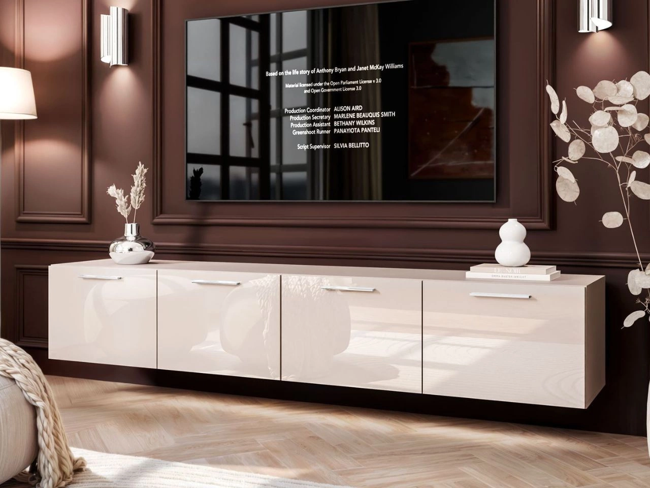 Szafka RTV wisząca pod telewizor z drzwiczkami i oświetleniem LED 200 cm Noaé Kaszmir