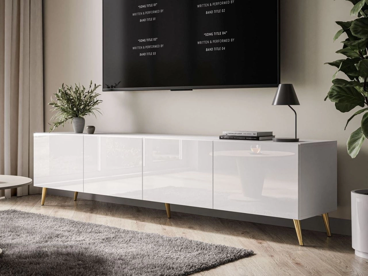 Szafka RTV pod telewizor z drzwiczkami na złotych nóżkach 200 cm Nodoo Biały połysk