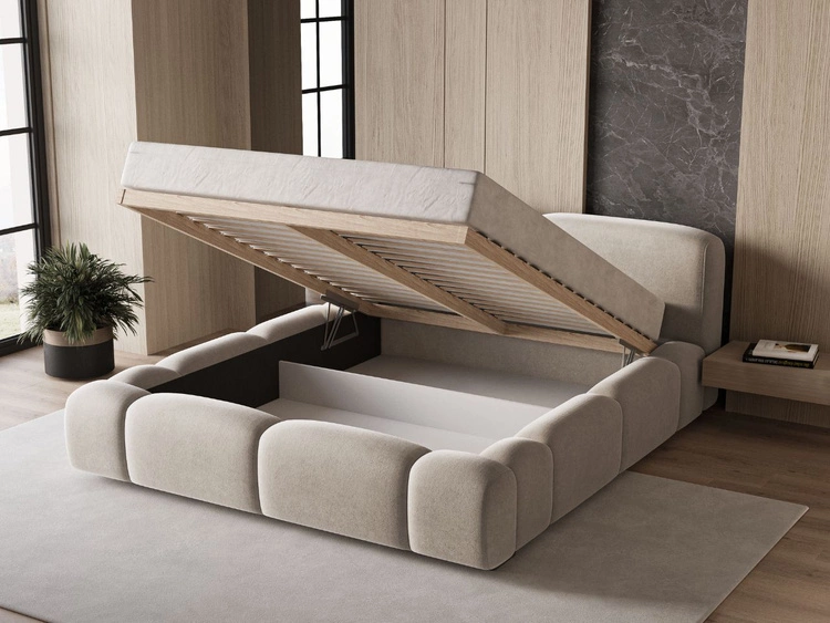Łóżko tapicerowane z pojemnikiem i stelażem 140x200 Aubi Beżowe
