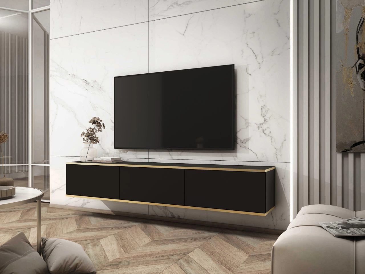 Szafka wisząca pod telewizor z drzwiczkami z gładkim frontem 175 cm Diolo Czarna