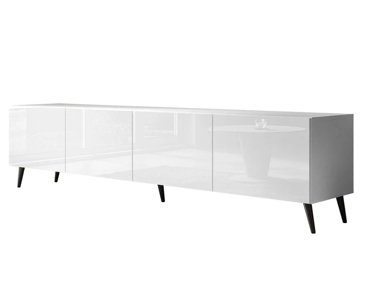 Szafka RTV pod telewizor z drzwiczkami na czarnych nóżkach 200 cm Nodoo Biały połysk
