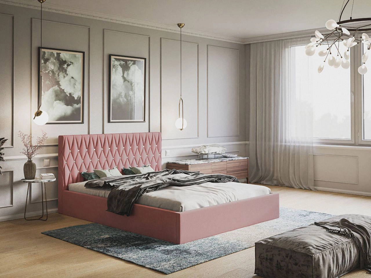 Łóżko tapicerowane z pojemnikiem i stelażem 140x200 Benny Różowe