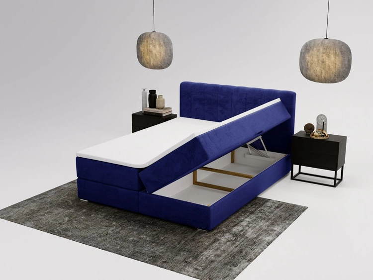 Łóżko kontynentalne z pojemnikami na pościel 140x200 Forte Ciemnoniebieskie