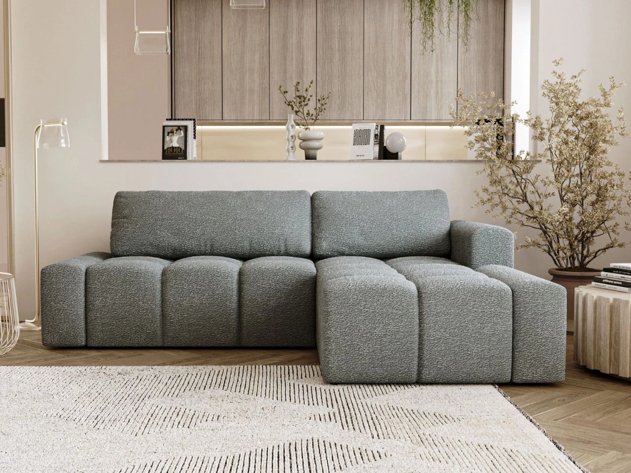 Narożnik L prawy z funkcją spania i pojemnikiem Lana Szary