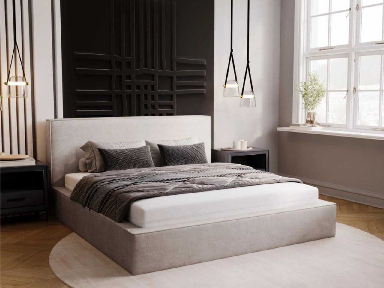 Łóżko tapicerowane z pojemnikiem i stelażem 200x200 Monaco Jasnoszare