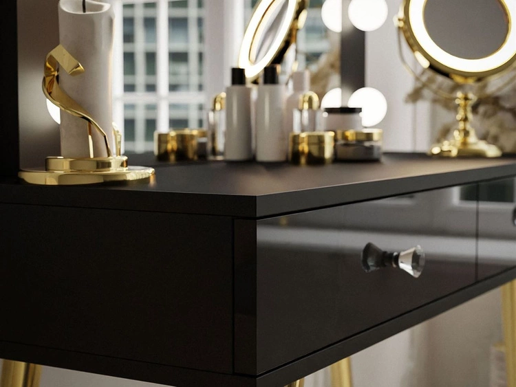 Toaletka kosmetyczna glamour z szufladami, lustrem i oświetleniem LED Olivine czarny połysk