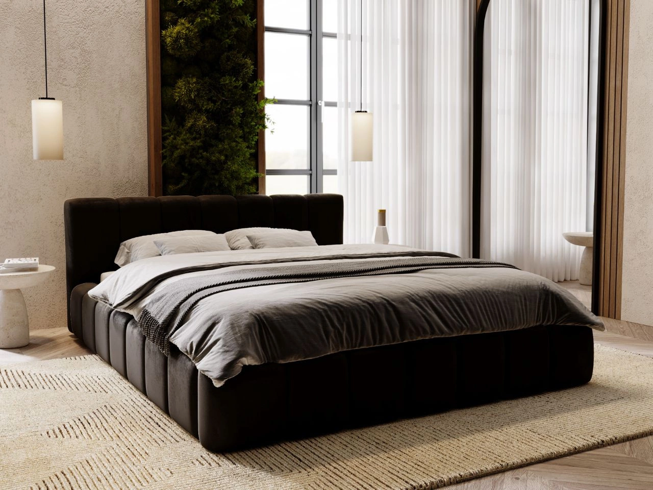 Łóżko tapicerowane z pojemnikiem i stelażem 180x200 Split Czarny