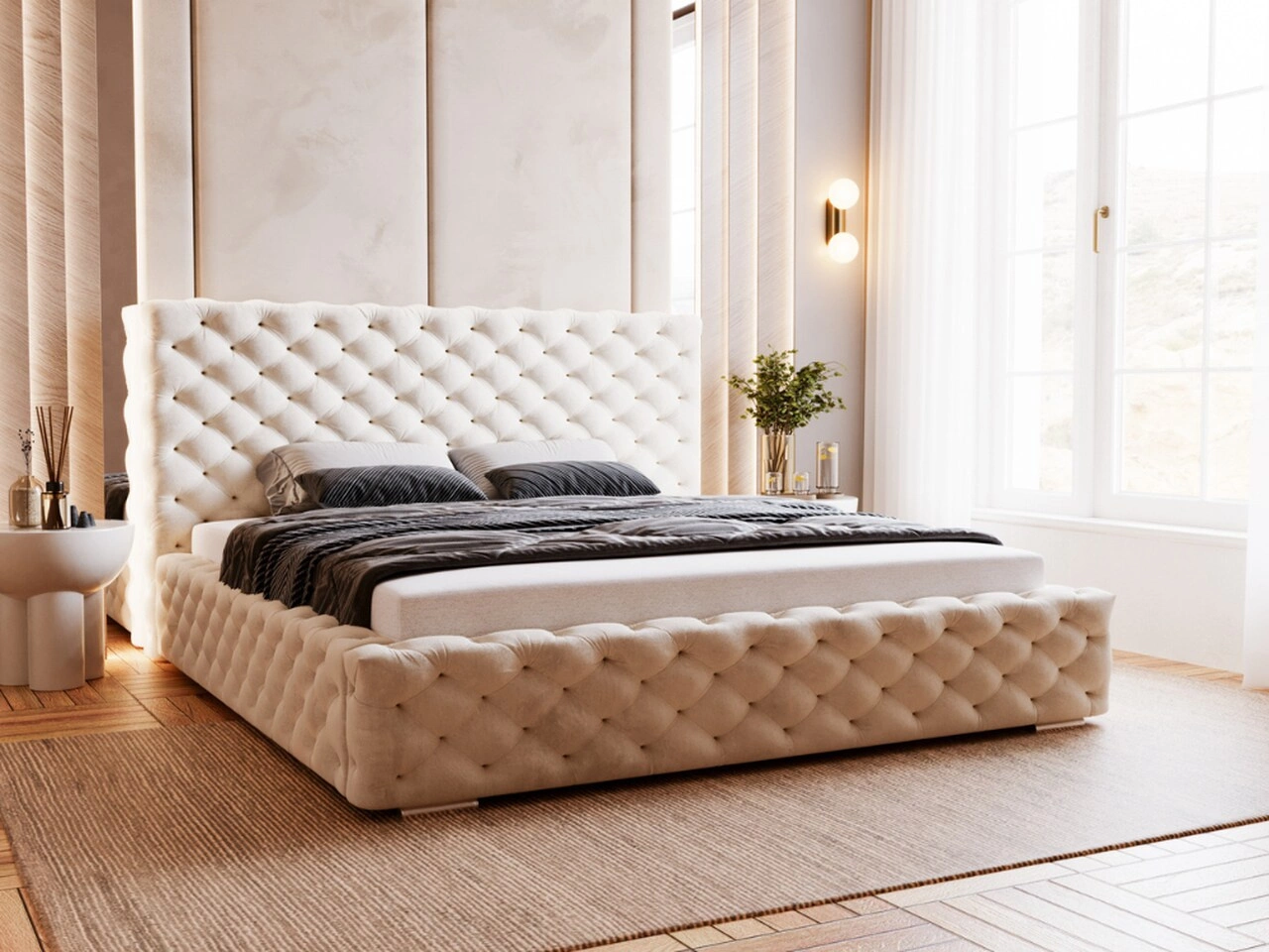 Łóżko tapicerowane z pojemnikiem i stelażem 200x200 Astra Beżowy