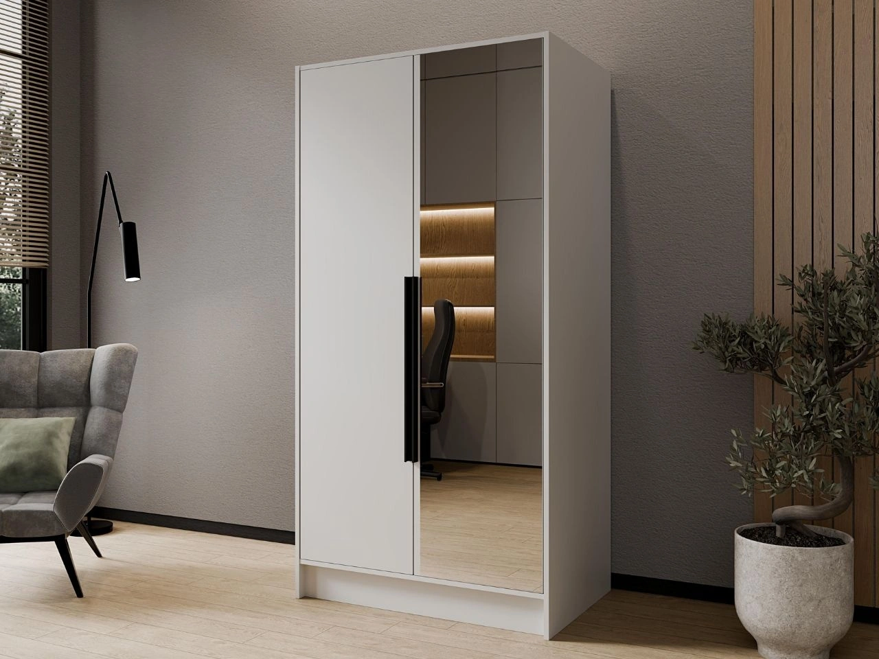 Szafa otwierana z lustrem 100 cm Lucca Biała z czarnymi uchwytami