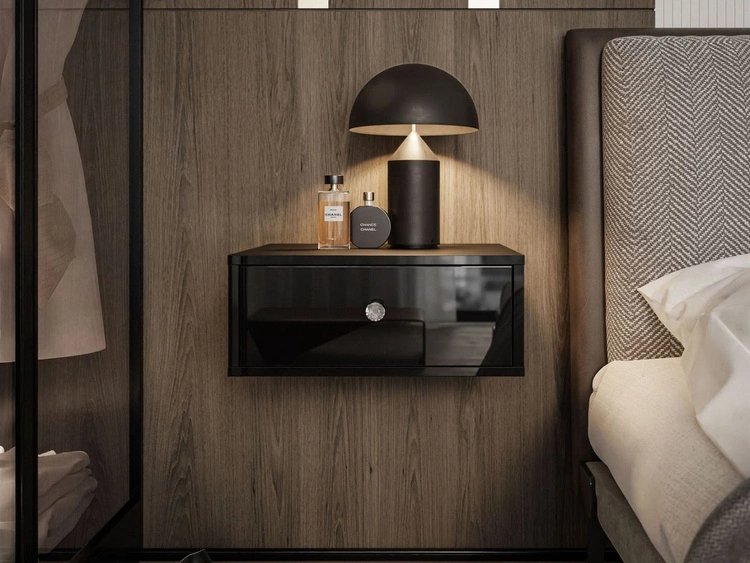 Stolik nocny wiszący z szufladą i kryształowym uchwytem Brisa czarny połysk