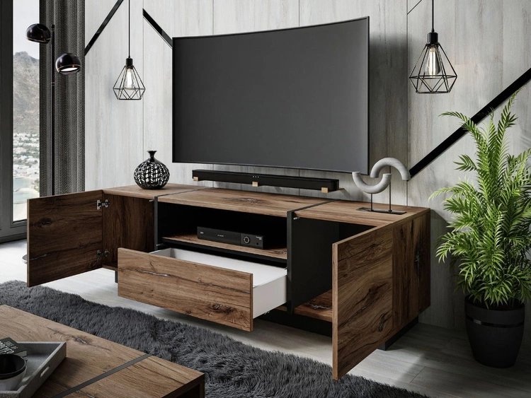 Szafka RTV w stylu loft dwudrzwiowa z szufladą Lunelie dąb Flagstaff