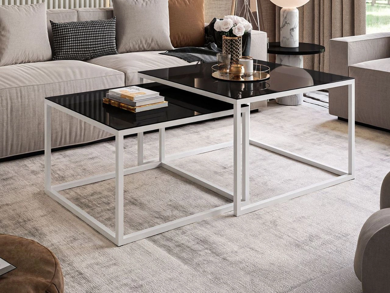 Stolik kawowy na białym stelażu z szklanym blatem Asumi Czarny 39x45