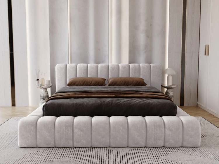 Łóżko tapicerowane z pojemnikiem na pościel i stelażem 140x200 Italia Jasnoszare