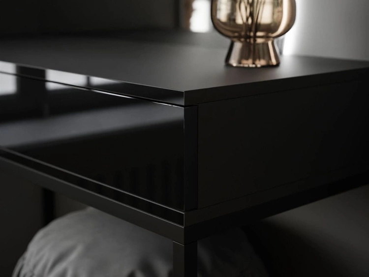 Toaletka kosmetyczna prawostronna z szufladami i oświetleniem LED na czarnych nogach Clarette Czarny połysk