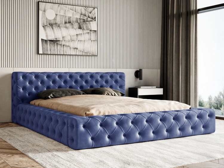 Łóżko tapicerowane z pojemnikiem i stelażem 180x200 cm Palini Ciemnoniebieskie